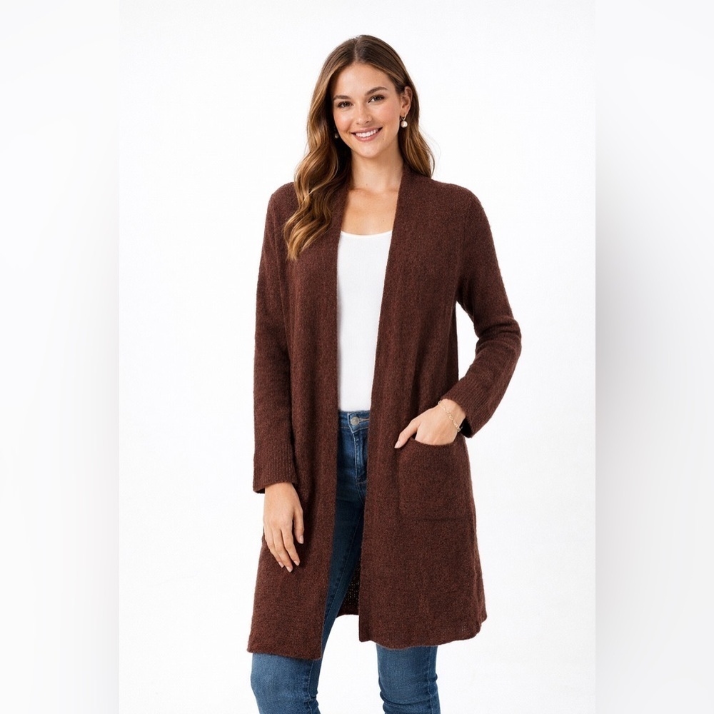 Eileen Fisher Brown Baby Alpaca Open Front Long Cardigan Cozy Minimalist XXL